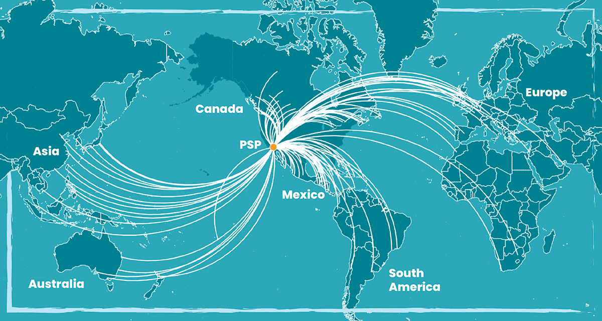 Flight route map showing routes from PSP to destinations in Europe, Asia, Australia, Canada, Mexico, and South America