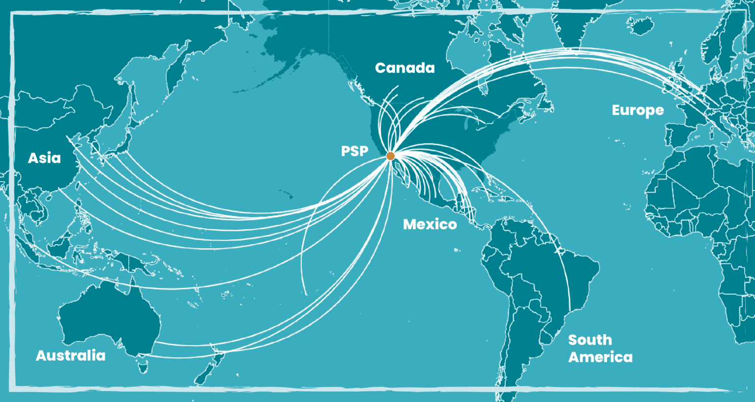 Flight route map showing routes from PSP to destinations in Europe, Asia, Australia, Canada, Mexico, and South America