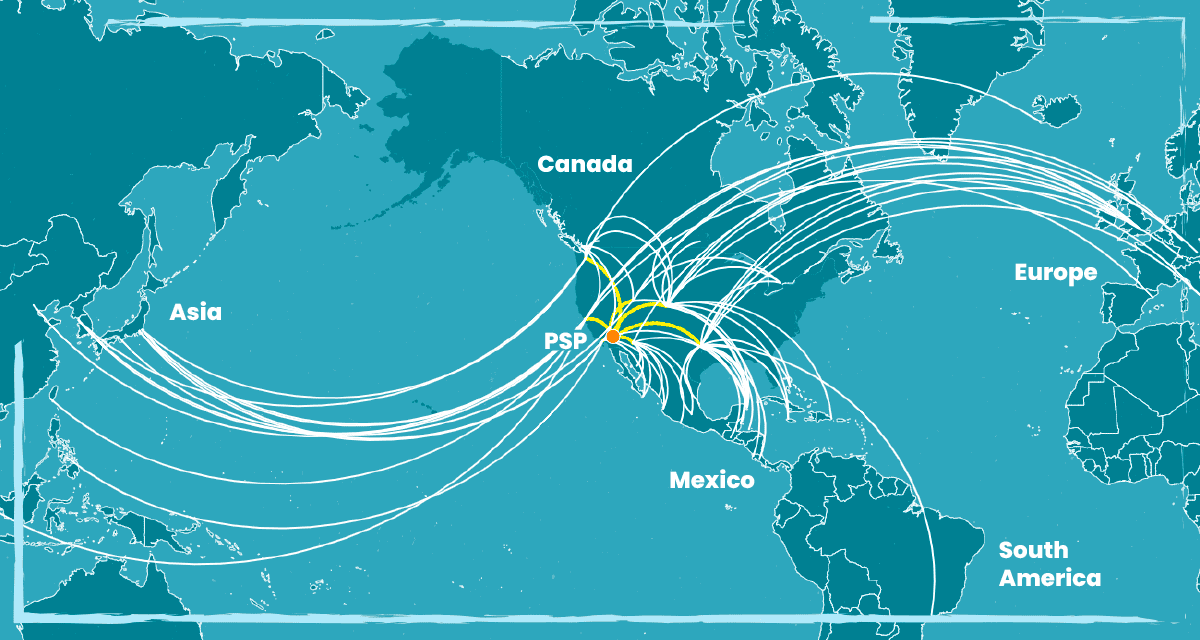 Flight route map showing routes from PSP to destinations in Europe, Asia, Australia, Canada, Mexico, and South America
