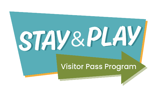 Graphic with text 'STAY & PLAY Visitor Pass Program' on teal and green shapes.